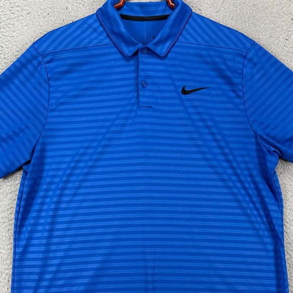 Nike Dri Fit Shirt Golf Polo Mens Large Blue Stripe Rugby Short Sleeve Swoosh
